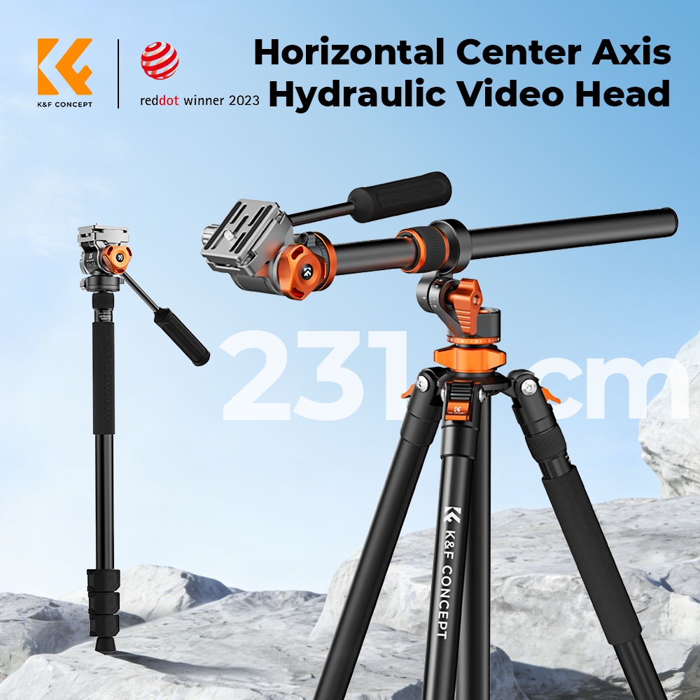 K&F CONCEPT T254A7+FH-03 ขาตั้งกล้อง หัววิดีโอไฮดรอลิก แกนนอน ถอดเป็นขาเดียวได้ ระบบล็อกหัวแบบแผ่น