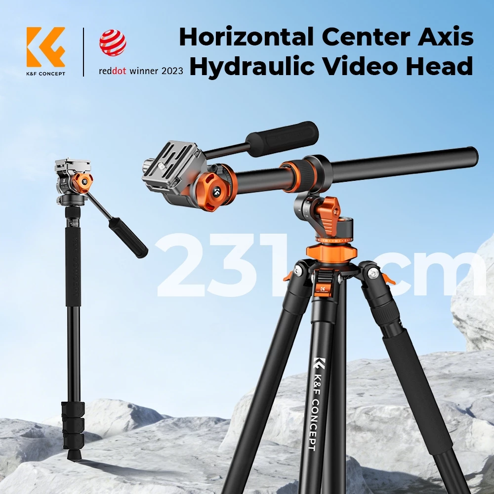K&F CONCEPT T254A7+FH-03 ขาตั้งกล้อง หัววิดีโอไฮดรอลิก แกนนอน ถอดเป็นขาเดียวได้ ระบบล็อกหัวแบบแผ่น