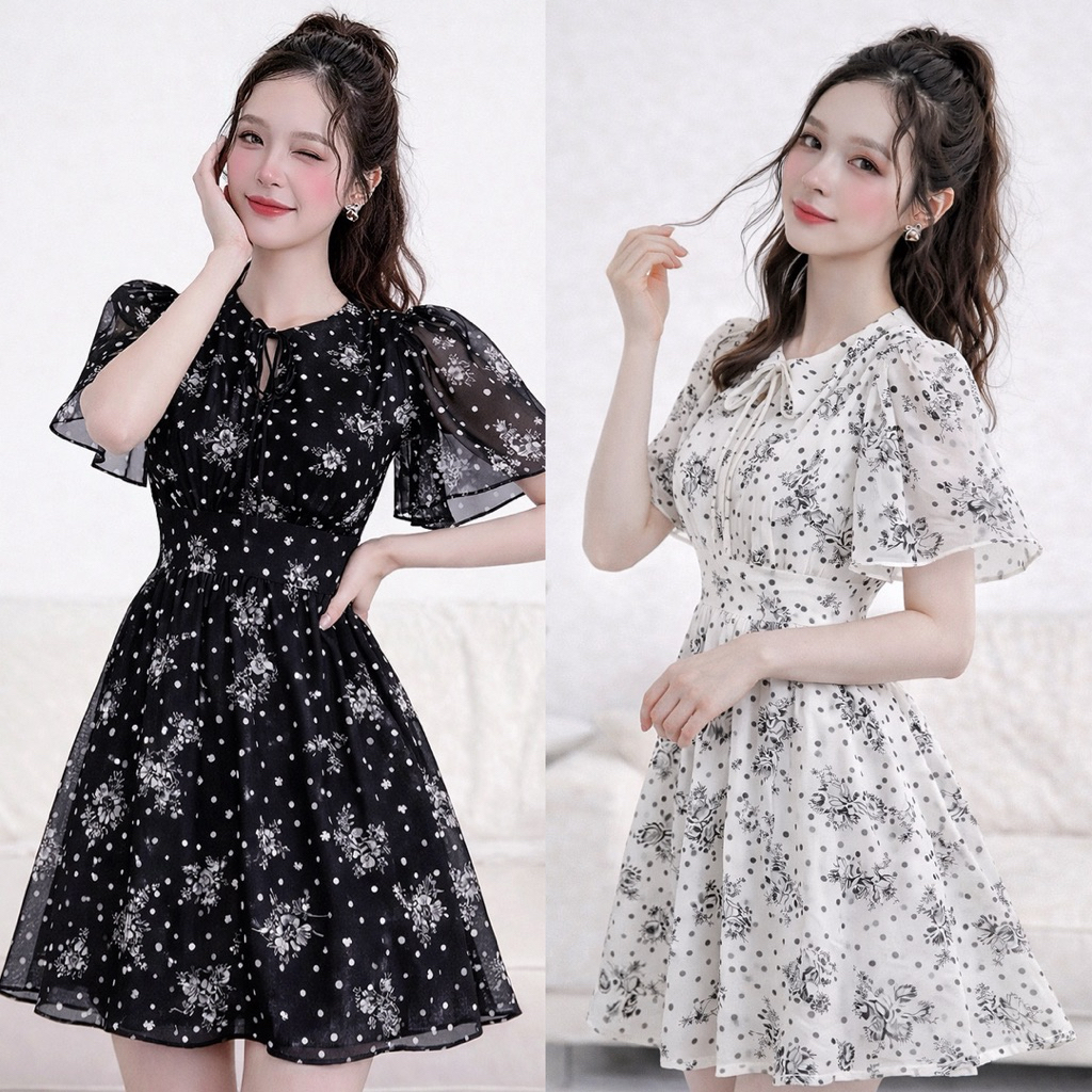 พร้อมส่ง🇹🇭 Roselle Dress (รหัสชุดR50) เดรสชีฟองสวยหรูลายดอกโมโนโทนและจุดเล็ก ชุดยาว33นิ้ว