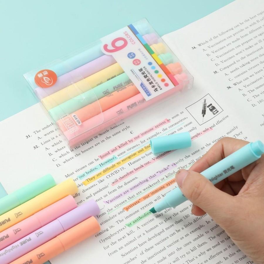 ปากกาเน้นข้อความ สีพาสเทล 6 สี/กล่อง ไฮไลท์ถนอมสายตา ปากกามาร์คเกอร์ เครื่องเขียนน่ารัก สไตล์เกาหลี