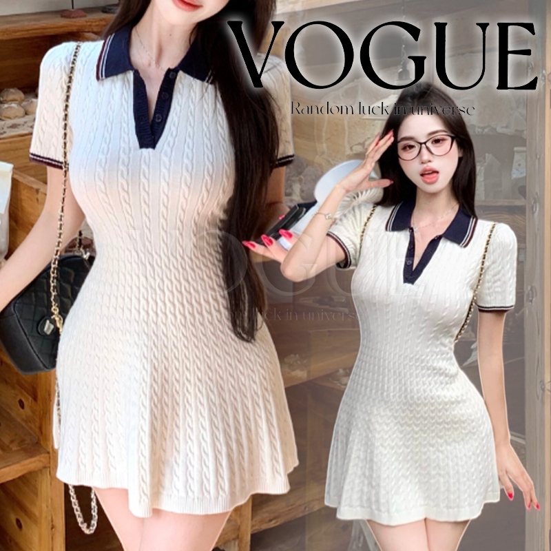 Vogue🌟พร้อมส่ง🌟 ชุดมินิเดรสไหมพรม คอปกแขนสั้น ยืดตามตัวเข้ารูป ใส่สบายสไตล์เกาหลี  (08101)
