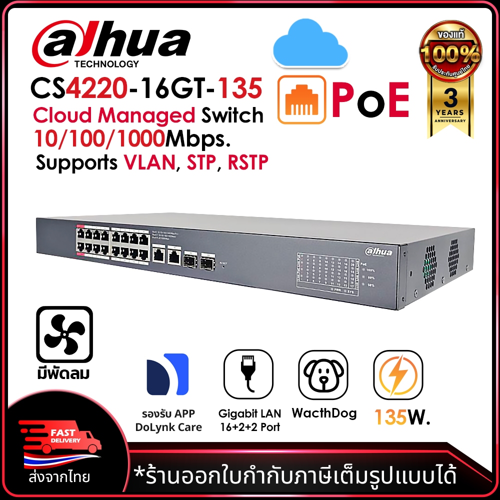 DAHUA Cloud Managed Switch POE รุ่น DH-CS4220-16GT-135 20Port (POE 16 + UPlink 2 + SPF 2) Gigabit