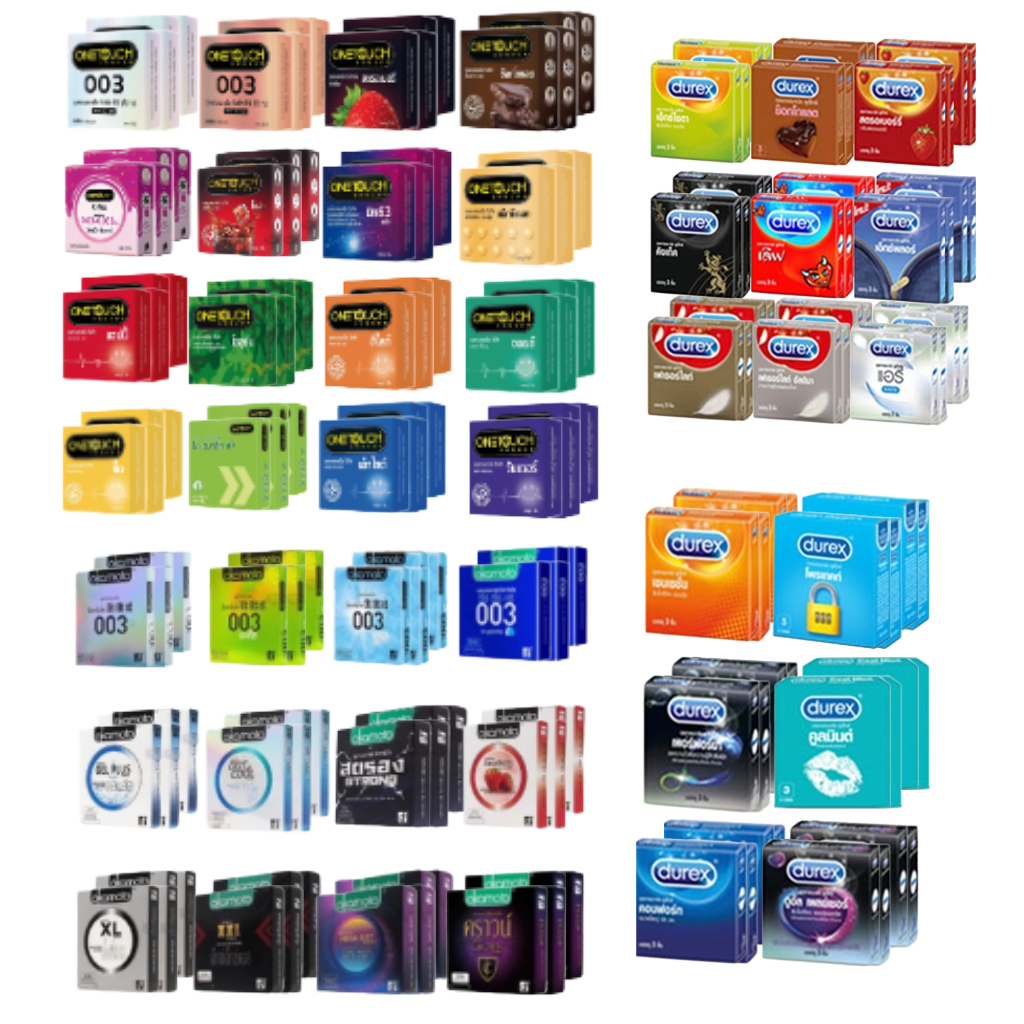 Okamoto Onetouch durex ถุงยางอนามัย [แพ็ก 4 กล่อง] รวมทุกรุ่น/ทุกขนาด กล่องเล็ก บรรจุ 3-2 ชิ้น/กล่อง