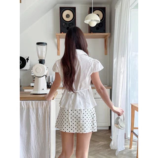 🌟Mamildya.shop🌟 เสื้อเชิ้ตครอปแขนสั้นผ้าคอตตอนสีพื้น ชายระบาย/ F2-2/COOK-ดุมดาว⚫