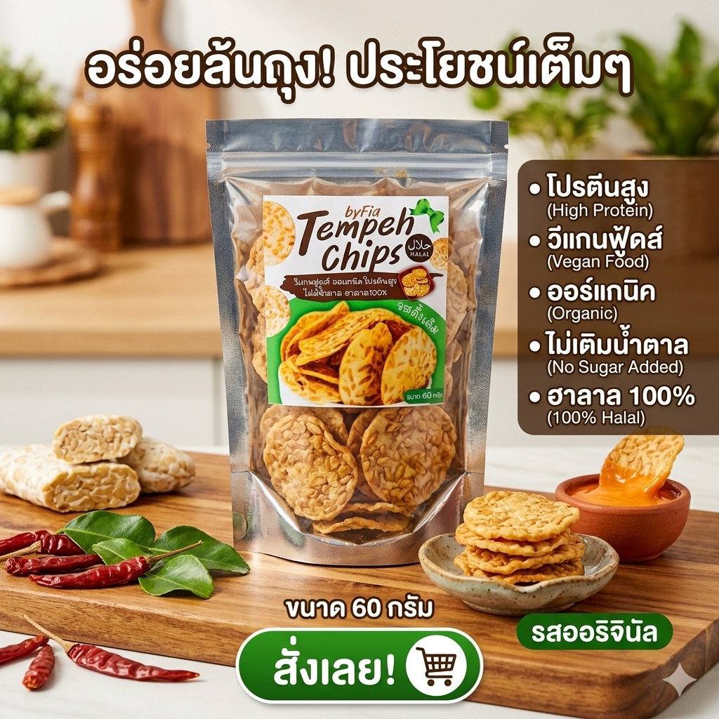 เทมเป้กรอบโปรตีนสูง 60กรัม(ฮาลาล) tempeh chips อร่อยได้ประโยชน์