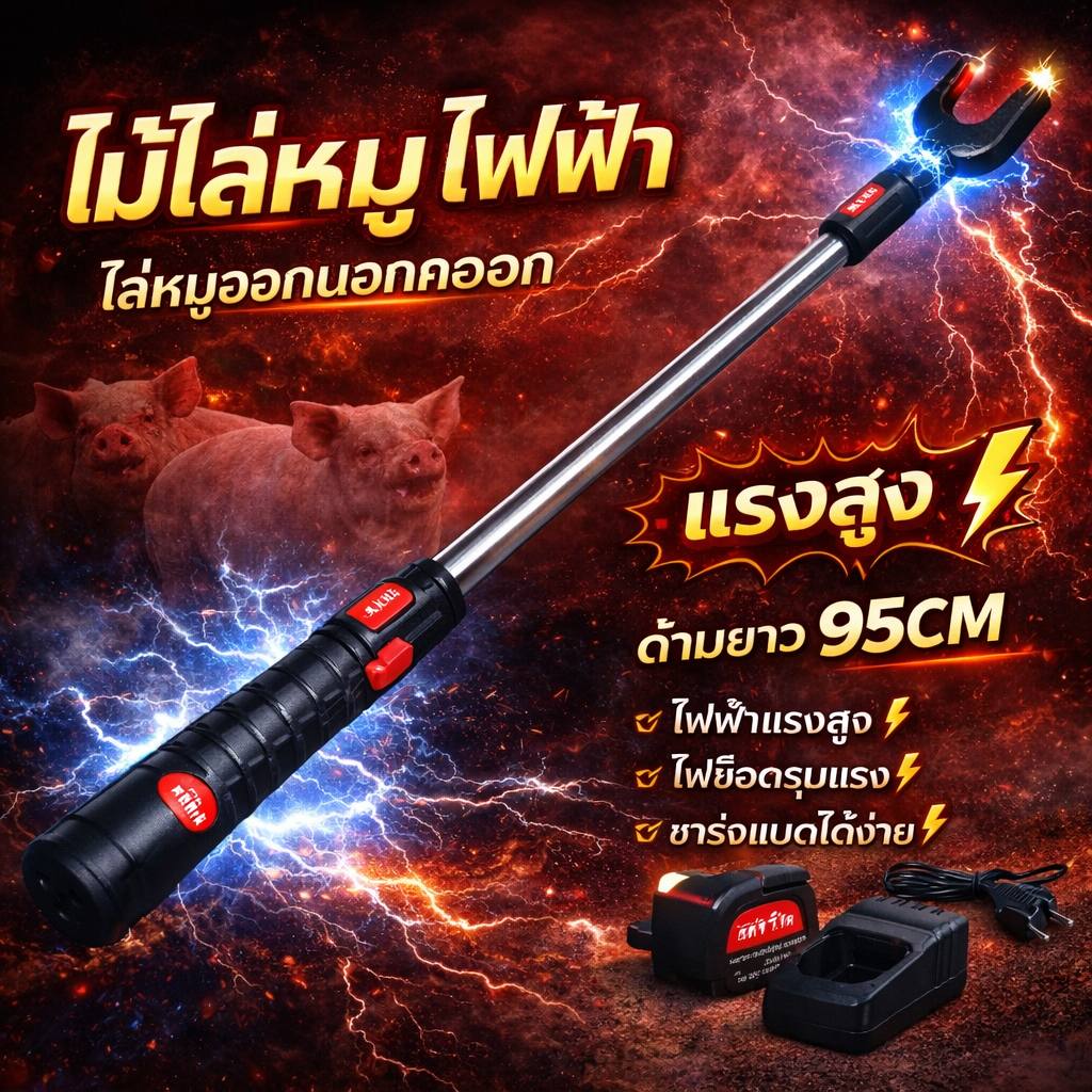 ไม้ไล่หมูไฟฟ้า 95cm เครื่องไล่หมูไฟฟ้าช็อต กันน้ำ ชาร์จไฟได้ สำหรับหมู วัว แกะ อุปกรณ์ฟาร์ม