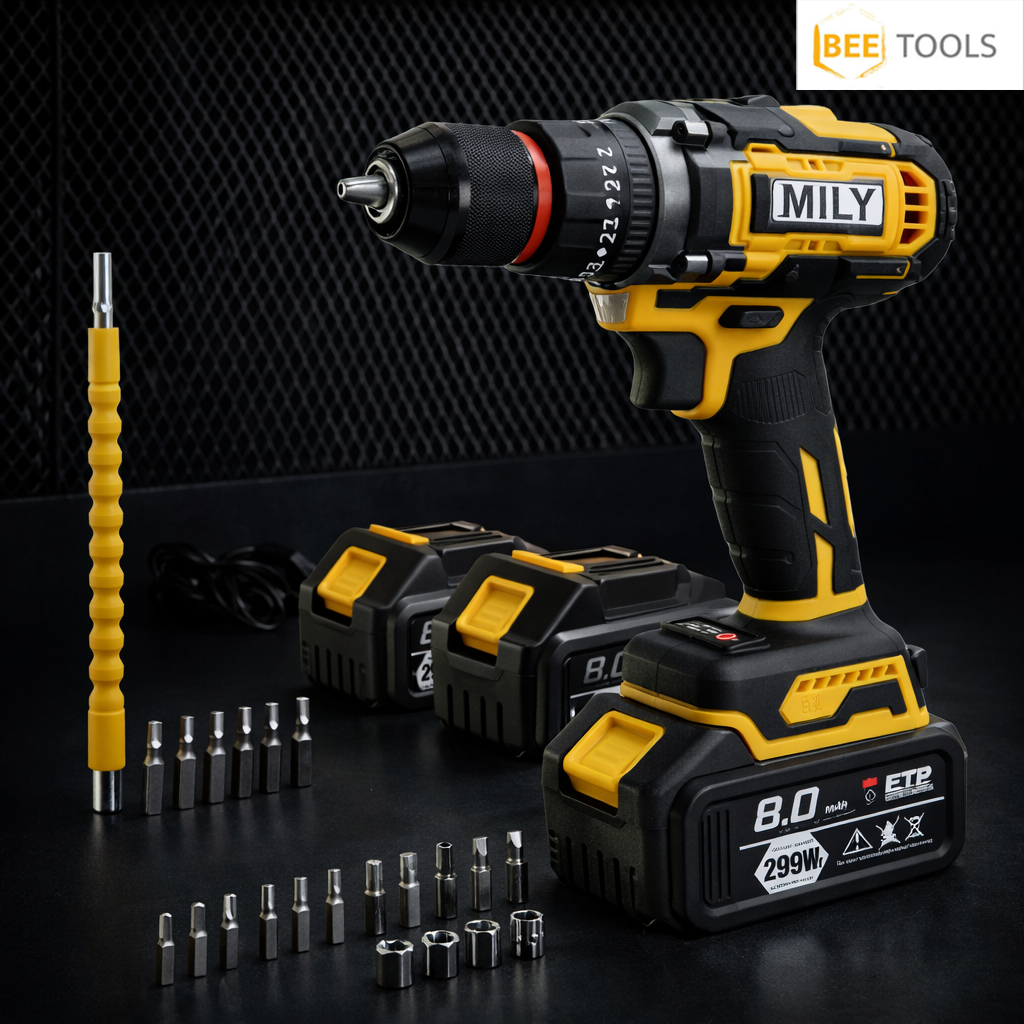 MILY สว่านไร้สาย 299V 3ระบบ มอเตอร์บัสเลส แบตเตอรี่ใหญ่ 2 ก้อน มีระบบกระแทก รุ่นใหม่ล่าสุด พร้อม ดอก