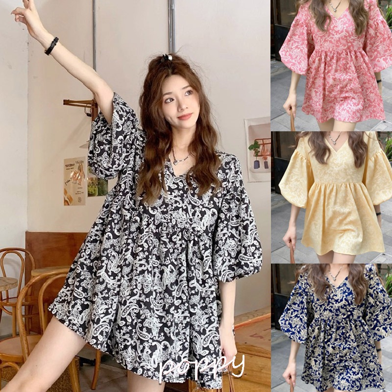 poppy sunshineชุดเดรสหลวมคอวีลายดอกไม้สไตล์ฝรั่งเศสย้อนยุค มีให้เลือก 2 สี#99068
