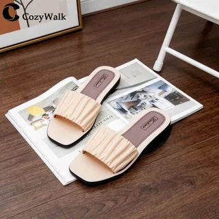 CozyWalk พร้อมส่งในไทย รองเท้าแตะผู้หญิงแบบสวม สายจับจีบ สีครีม พื้นนุ่ม กันลื่น สไตล์มินิมอล 👡