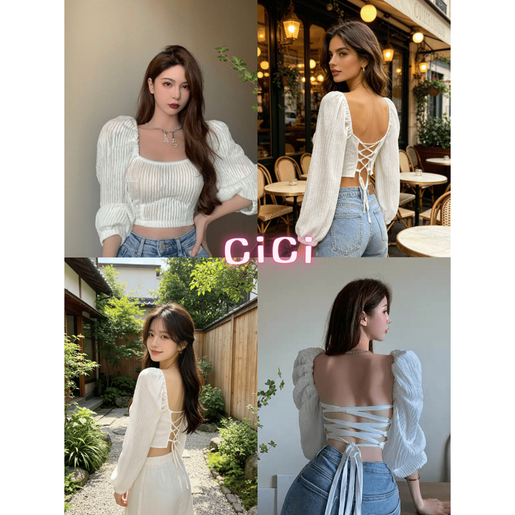 ส่งทันที Cici(Y3050)เสื้อครอปแขนตุ๊กตา คอเหลี่ยม ดีเทลสายผูกหลัง งานโชว์แผ่นหลัง แซ่บสุด สายฝอห้ามพลาด
