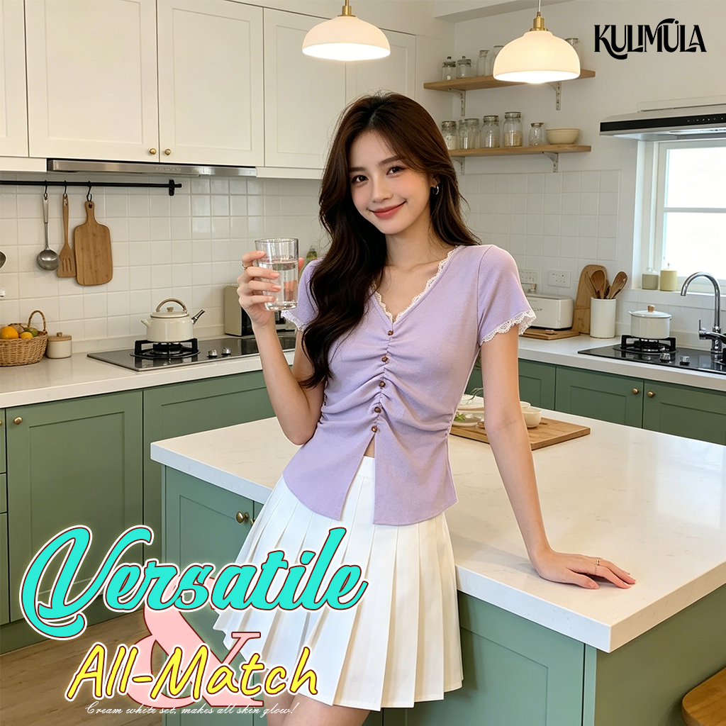 KULIMULA short-sleeved T-shirt เสื้อยืดแขนสั้นคอวีขาวผู้หญิง สไตล์ฝรั่งเศส ผ้าลูกไม้ ใส่สบาย แฟชั่น ED62