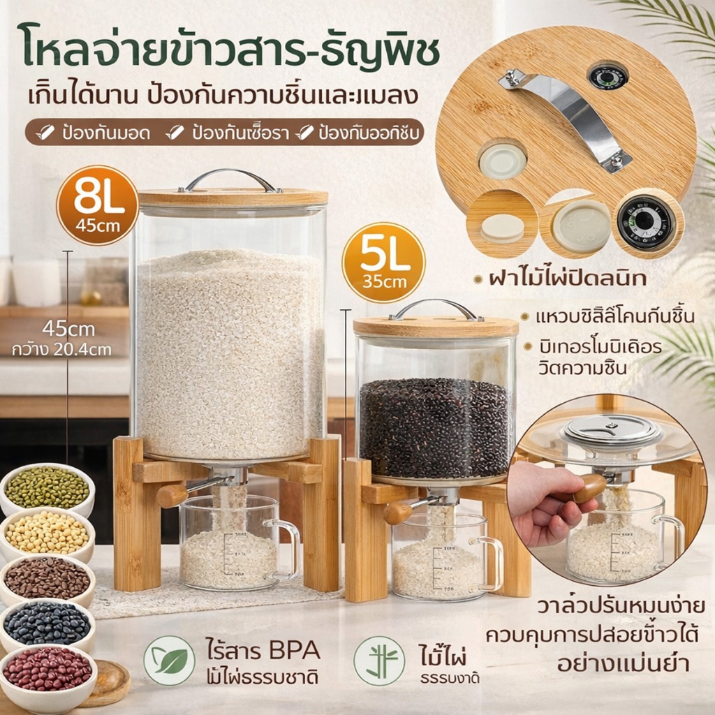 เครื่องจ่ายข้าว Glass Rice Dispenser 8Lโหลเก็บข้าวสารอาหารแห้ง อาหารเม็ดใช้งานสะดวก ปิดสนิท ป้องกันความชื้น คงความสดใหม่ – โปรปัง