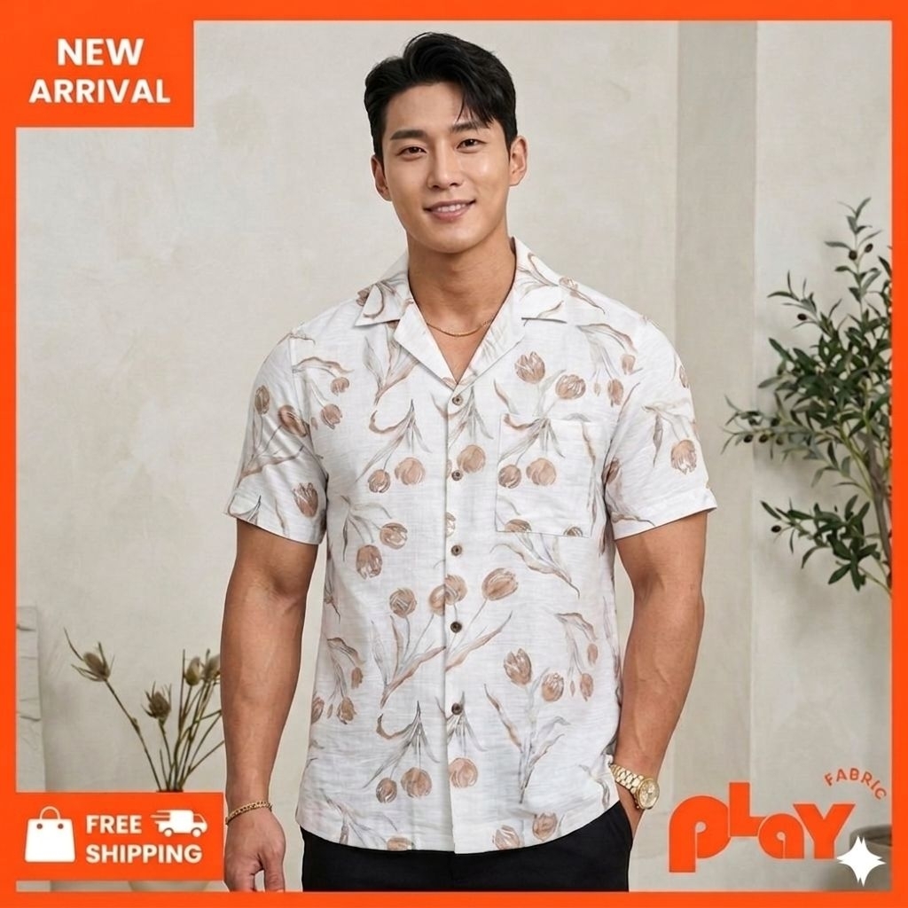 [New Arrival] เสื้อฮาวาย ลายทิวลิป (Tulip Garden) โทนสีครีม-น้ำตาล  ผ้าไหมฝรั่งเศส สัมผัสนุ่มลื่น ทรงสวย ใส่สบาย ไม่ร้อน