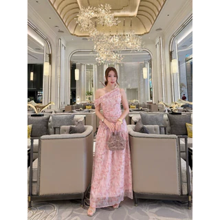 เดรสยาว ปาดไหล่ ผ้าชีฟองลายดอกไม้ LD285 ชุดออกงาน ชุดไปงานแต่งงาน ผ้าพิมพ์ลายดอกไม้มีสองสีสีชมพูและสีน้ำตาล ขนาด XS -4XL