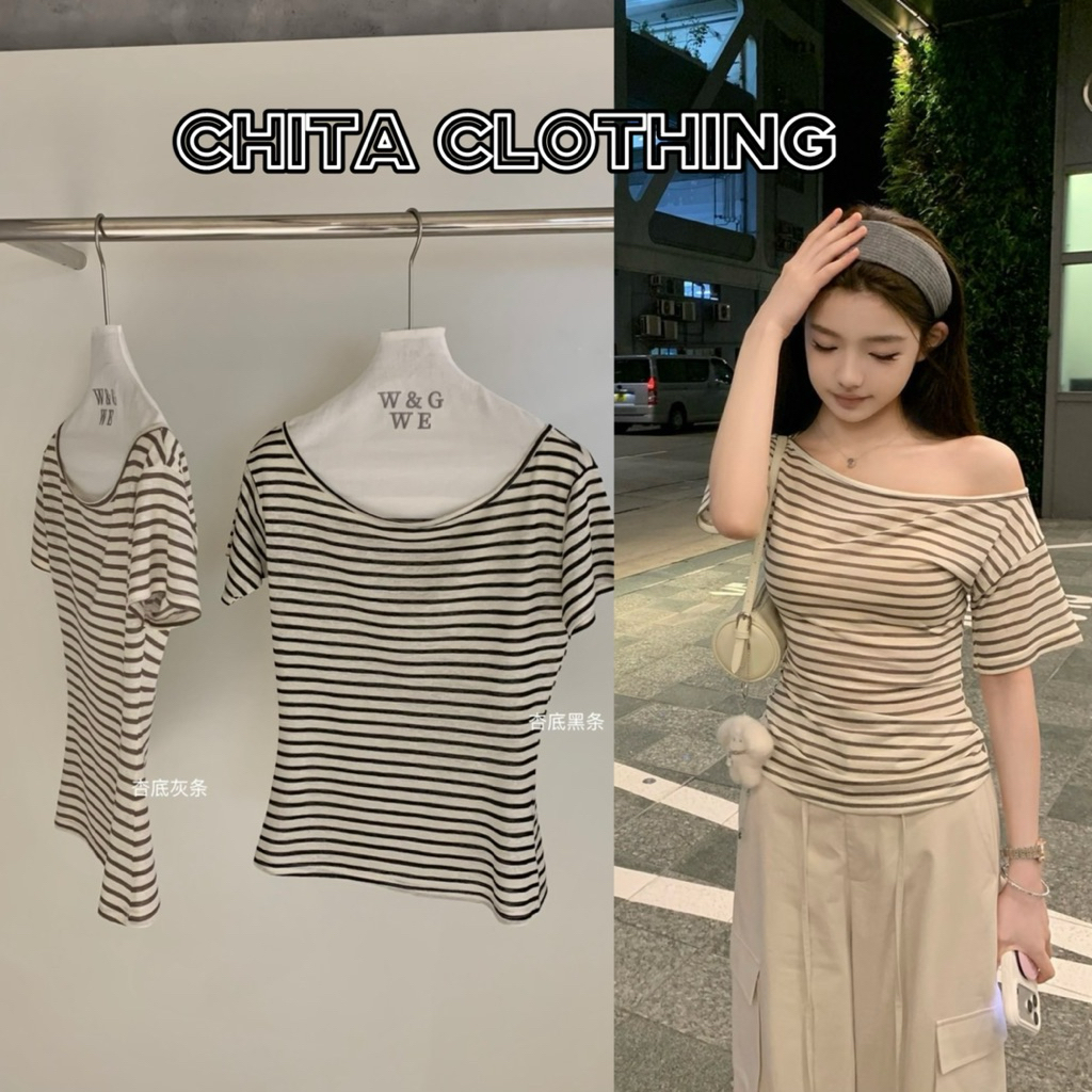 9375# เสื้อคอกว้างแขนสั้น ลายริ้ว เนื้อผ้าดี งานสวย  TAG:WG.WE 🇰🇷