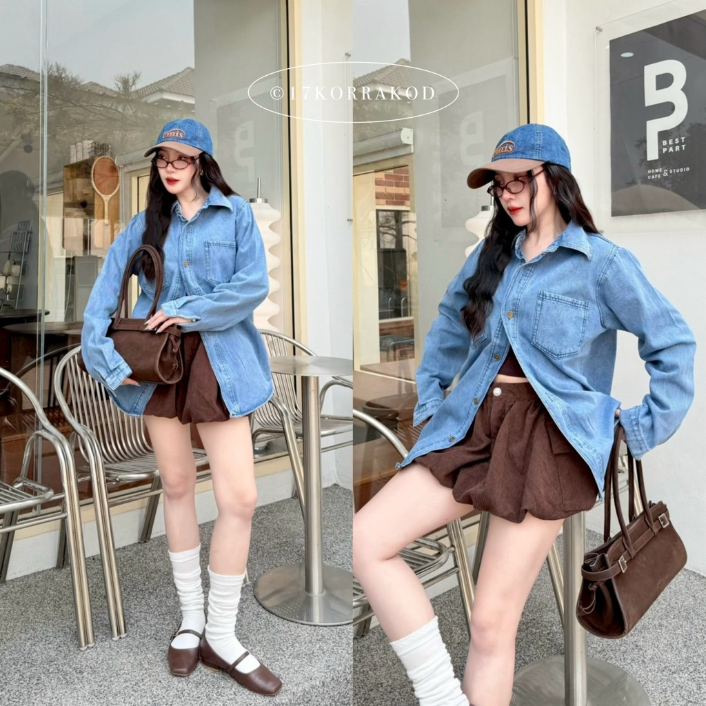 🌻เสื้อเชิ้ตยีนส์ทรงโอเวอร์ไซส์แขนยาวแต่งกระเป๋าหน้าสองข้าง ดีเทลกระดุมหน้าใช้งานได้จริง (Cookies bear)