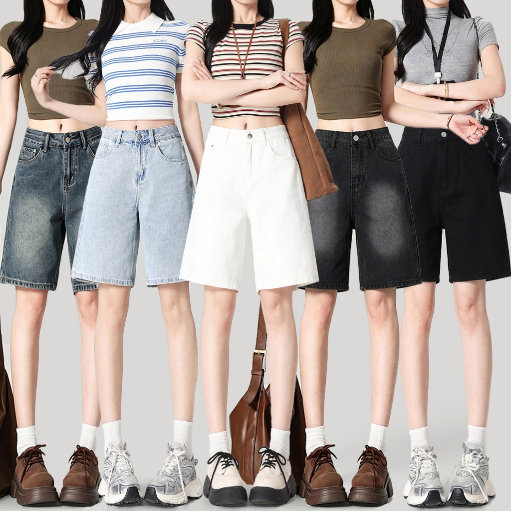 S~5XL Denim Shorts Multiple colors available กางเกงยีนส์ขาสั้นเอวสูงทรงตรงทรงหลวม ใส่ลำลองได้หลากหลายสไตล์ สำหรับฤดูร้อน