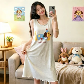 🧡ส่งไวจากไทย🧡ฤดูร้อนใหม่ชุดนอนแขนกุดกระโปรงนอนไม้เห็ดขอบการ์ตูนน่ารักพิมพ์เสื้อกั๊กกระโปรงบ้านสวมใส่ชุดนอนกลางกระโปรงยาว