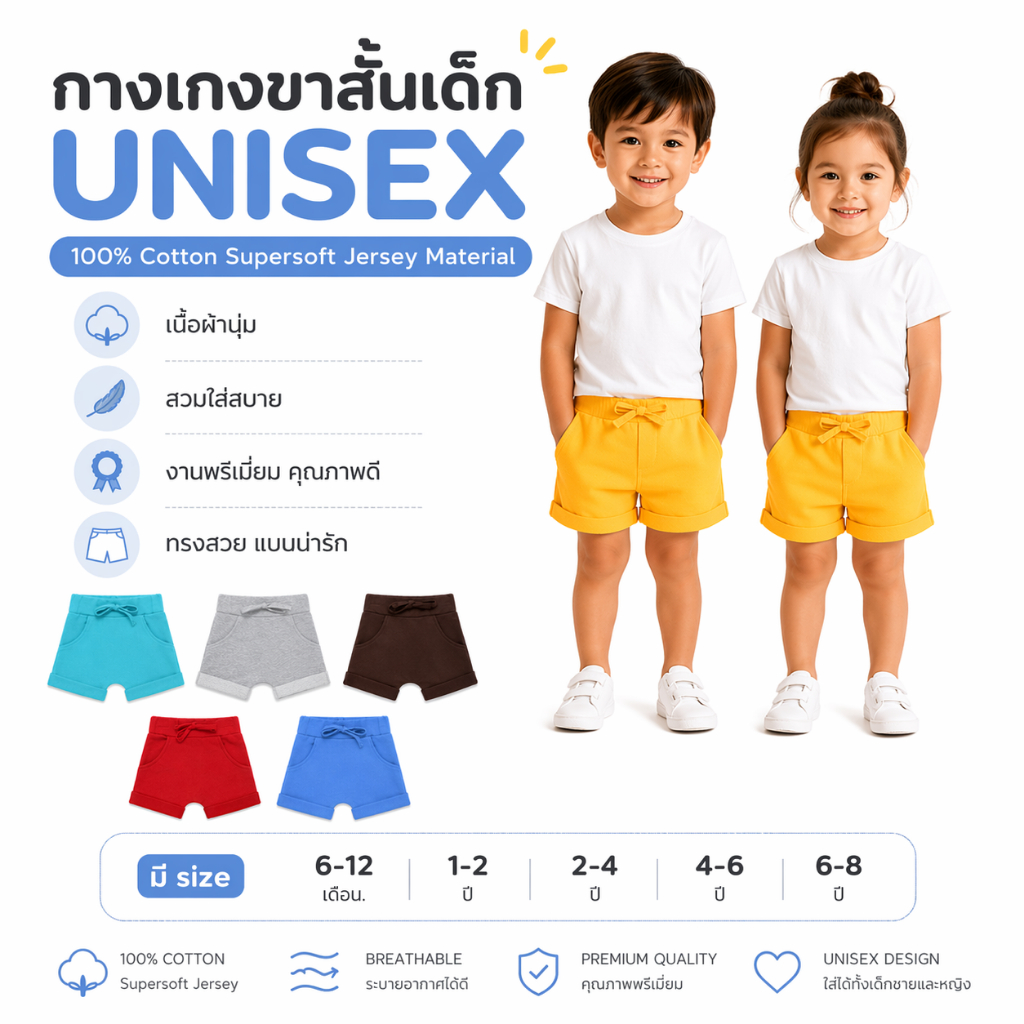 Leeya กางเกงขาสั้นเด็ก UNISEX  สีพืน เนื้อผ้านุ่ม สวมใส่สบาย คุณภาพดี 100% Cotton Baby & Kids Shorts AD PLAIN