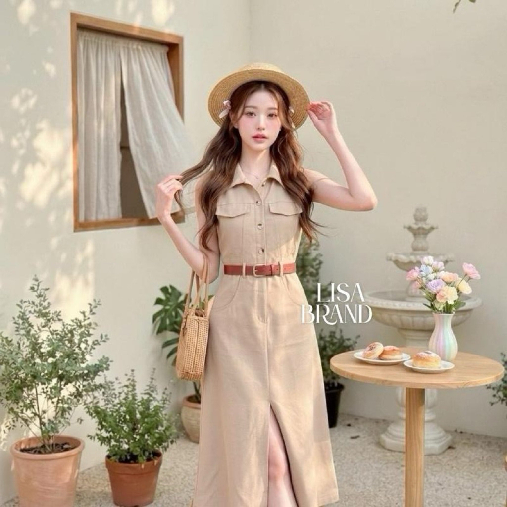 [LISA] A1353 ชุดเดรสกระโปรงยาวคอปกแขนกุดดีเทลแต่งกระเป๋ากระดุมหน้า+เข็มขัด เรียบหรูลุคคุณ ใส่ออกงาน คาเฟ่ ดินเนอร์