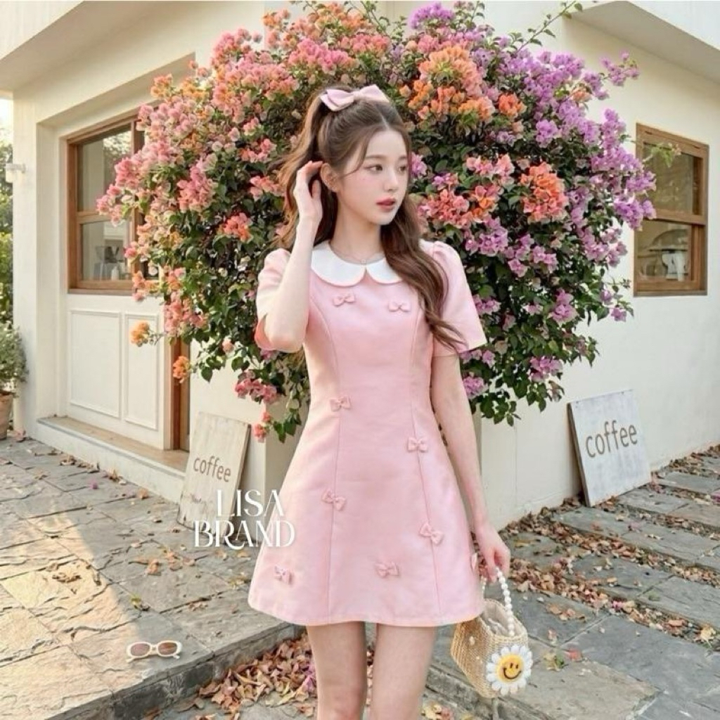[LISA] A1248 ชุดเดรสกระโปรงคอบัวแขนสั้นดีเทลแต่งโบว์ซิปซ่อนด้านหลัง สวยน่ารักลุคคุณหนูสุด ใส่เที่ยว ออกงาน ดินเนอร์ คาเฟ