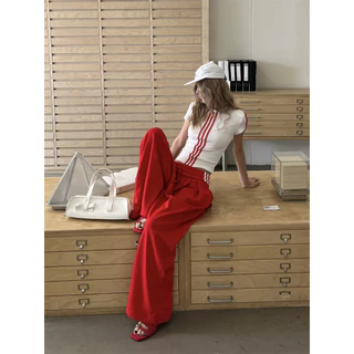 [Trendy striped two-piece set]เกาหลีรุ่นวินเทจผู้หญิงลายเสื้อยืดแขนสั้นและกางเกงลำลองขากว้าง