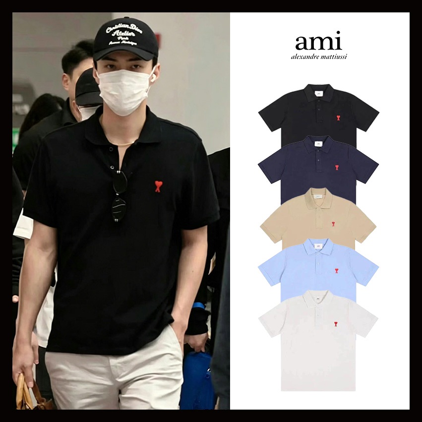 Ami Paris Classic Cotton Polo T-Shirt โลโก้หัวใจ หลวมและสะดวกสบาย
