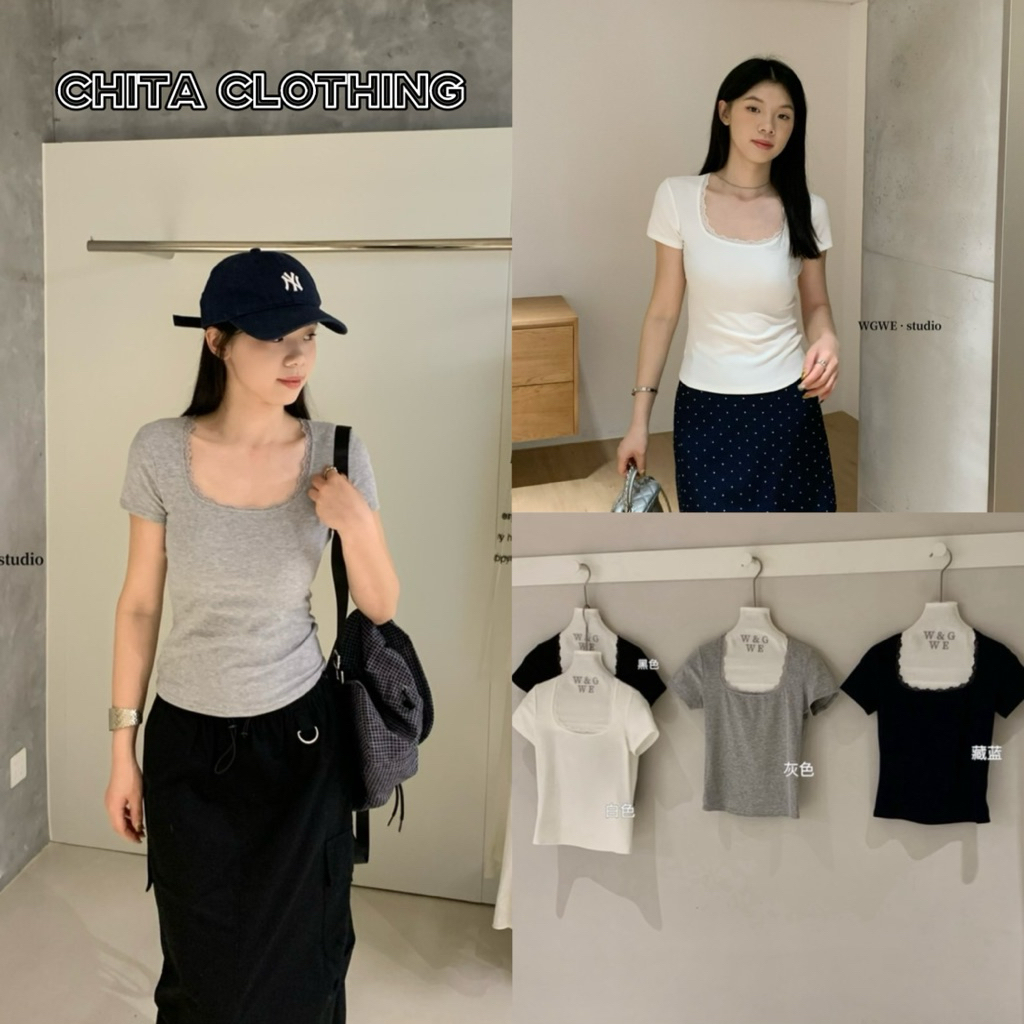 📍พร้อมส่ง📍9362# เสื้อคอเหลี่ยมแขนสั้น แต่งลูกไม้ช่วงอก  เนื้อผ้าดี ทรงสวย TAG:WG.WE 🇰🇷