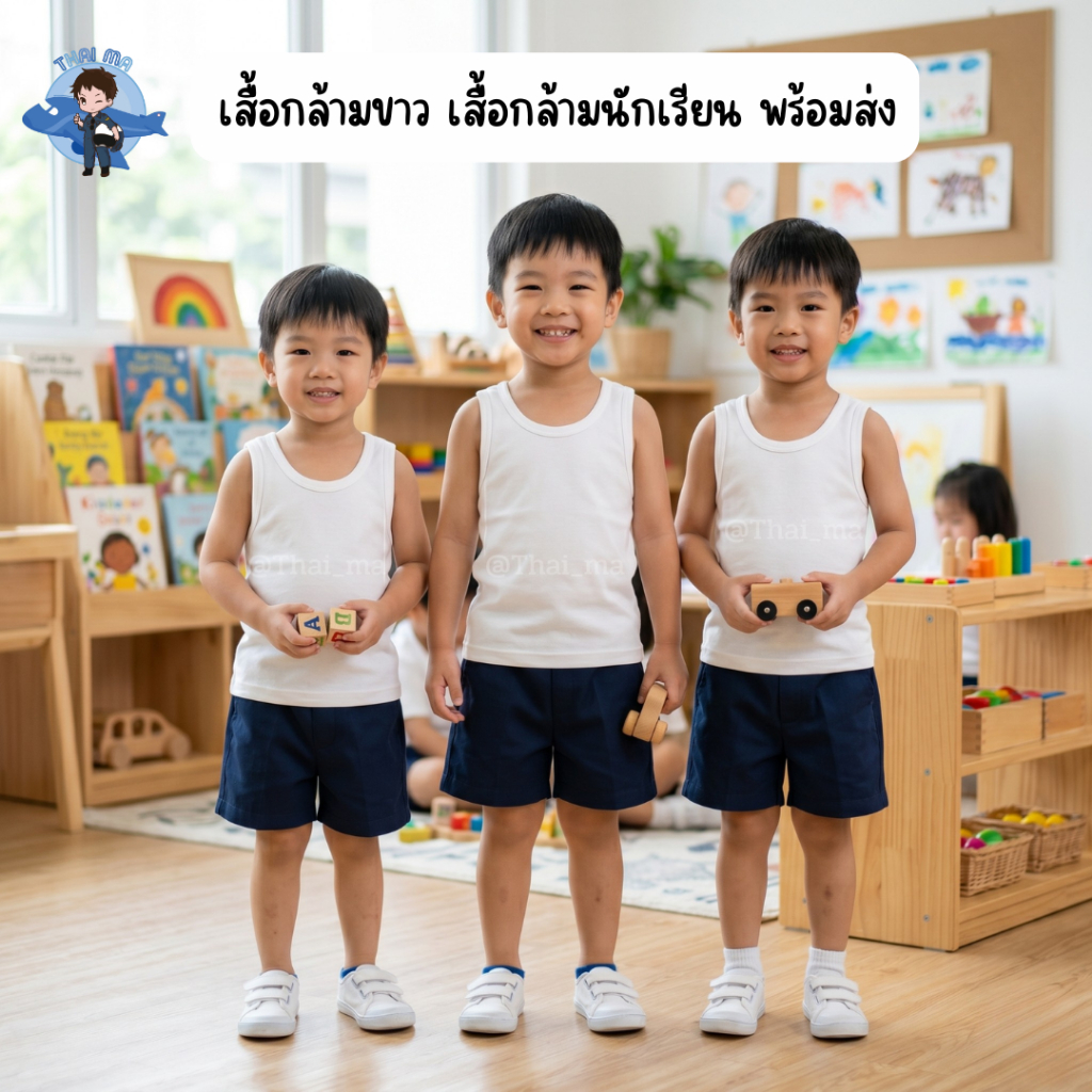 เสื้อกล้ามเด็ก (แพ็ค 3 ตัว) กล้ามนักเรียน ซับในเด็กสีขาว