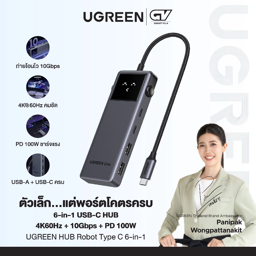 UGREEN อะแดปเตอร์ HUB Robot Type C 6-in-1 รองรับ 4K60Hz +2 USB-A 3.2+2 USB-C 3.2+PD Hub รุ่น 35998