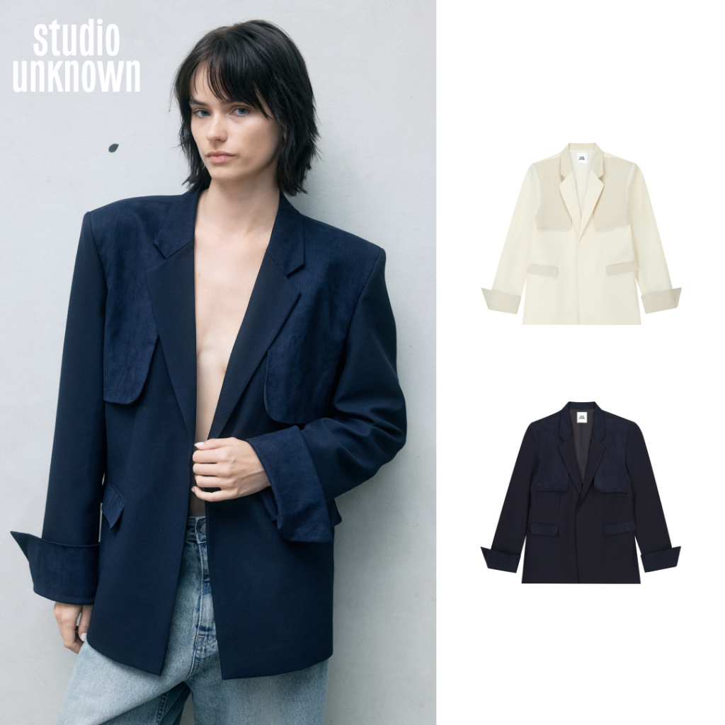 STUDIO UNKNOWN - SS26 Kayla Crape Oversized Blazer สูทโอเวอร์ไซส์ตกแต่งการตัดต่อหนังกลับ