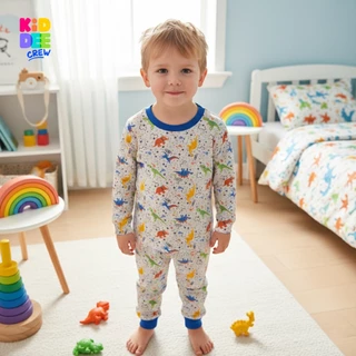 KiddeeCrew ชุดนอนเด็ก สีเทาไดโนเสาร์ฟ้า ผ้าcotton 100% เหมาะสำหรับอายุ 1-12 ปี