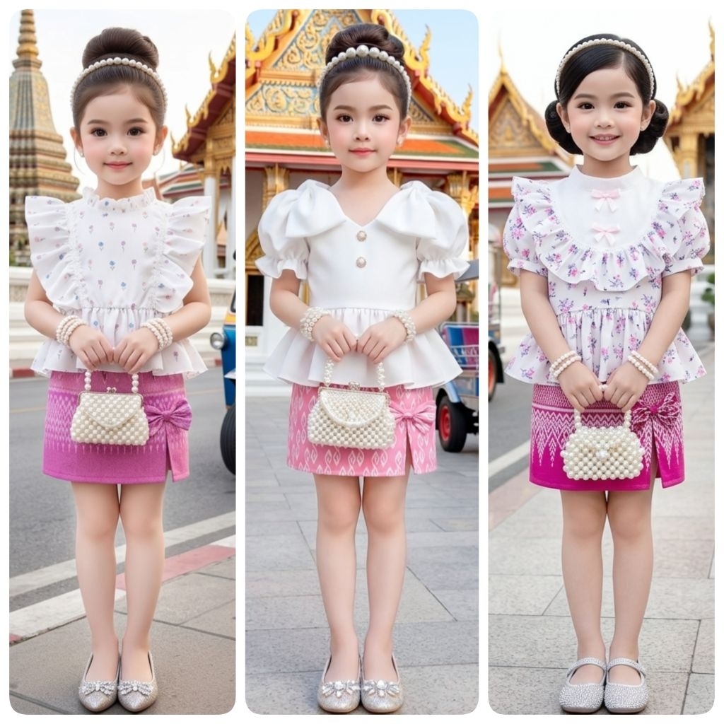 ชุดไทยเด็ก รุ่นเช็ตเสื้อ+ผ้าถุงสั้นลายไทย