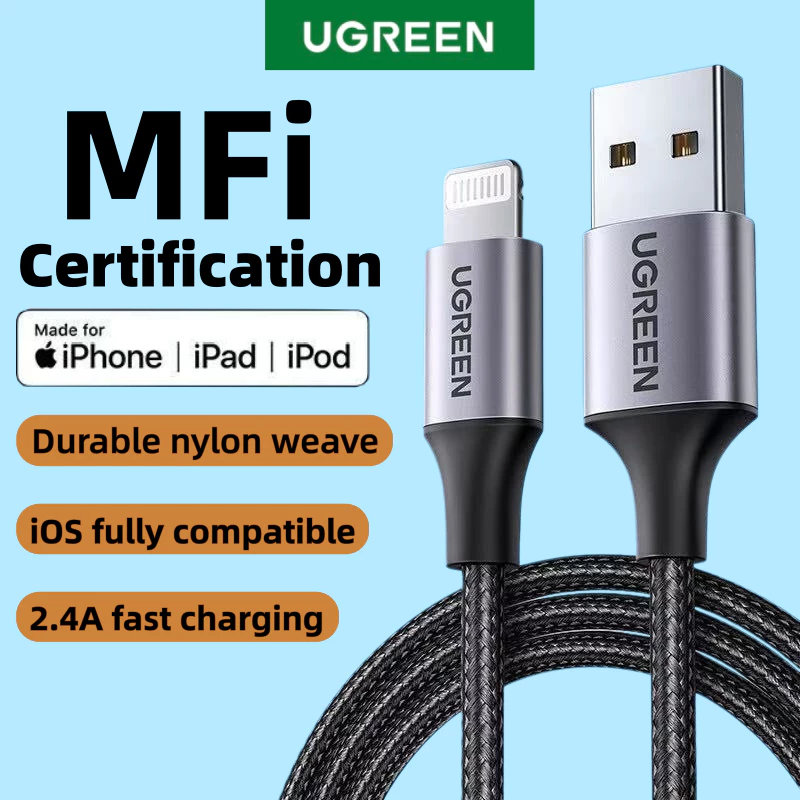 UGREEN MFiการรับรอง Lightning 2.4A USB Charging Cable สายชาร์จนี้เหมาะสำหรับiPhone13 11 XR Pro Max สายชาร์จเร็ว Alu Nylo