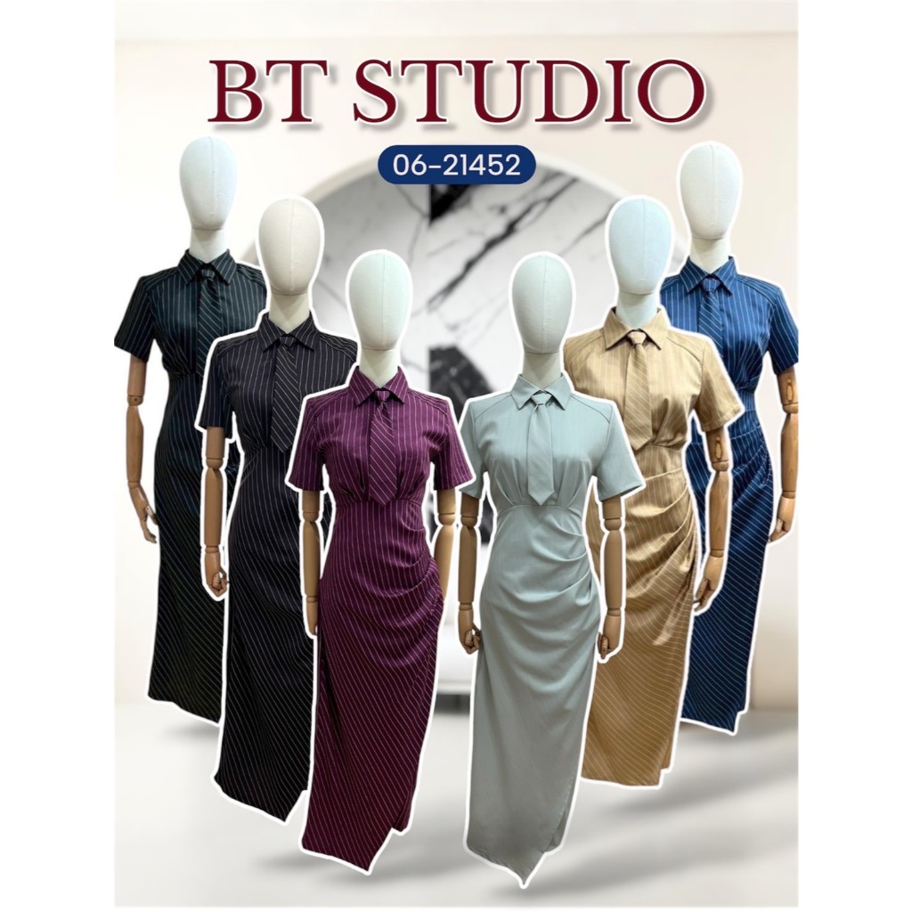 BT 06-21452  ชุดเซ็ท 2 ชิ้น เดรสแขนสั้นคอปกเชิ้ต กระโปรงยาว  ผ่าเว้าแหวกข้าง มาพร้อมเนคไทสีเดียวกันกับชุด