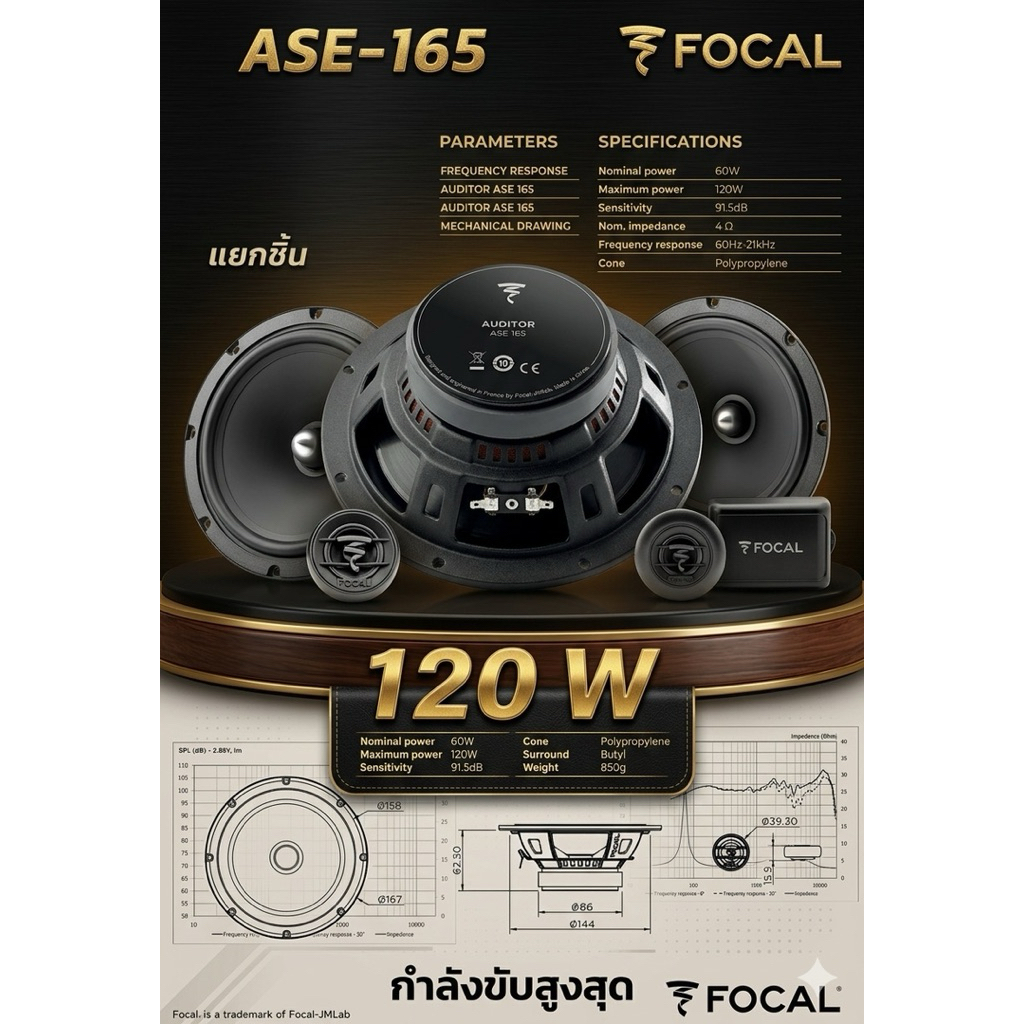 FOCAL ASE 165 / FOCAL ACX 165 S ลำโพงรถยนต์ 6.5 นิ้ว 2 ทาง แยกชิ้น/แกนร่วม 4Ω 60W RMS
