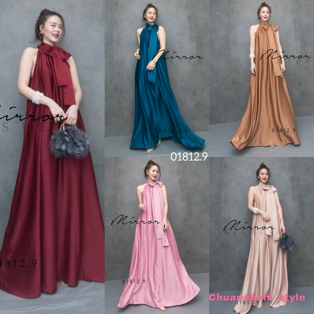 🔖Mirrorsister 01812.9 เดรสออกงาน เดรสแขนกุดผูกคอโบว์ เนื้อผ้าซาตินสวยหรู ช่วงล่างเป็นกระโปรงทรงเอบาน
