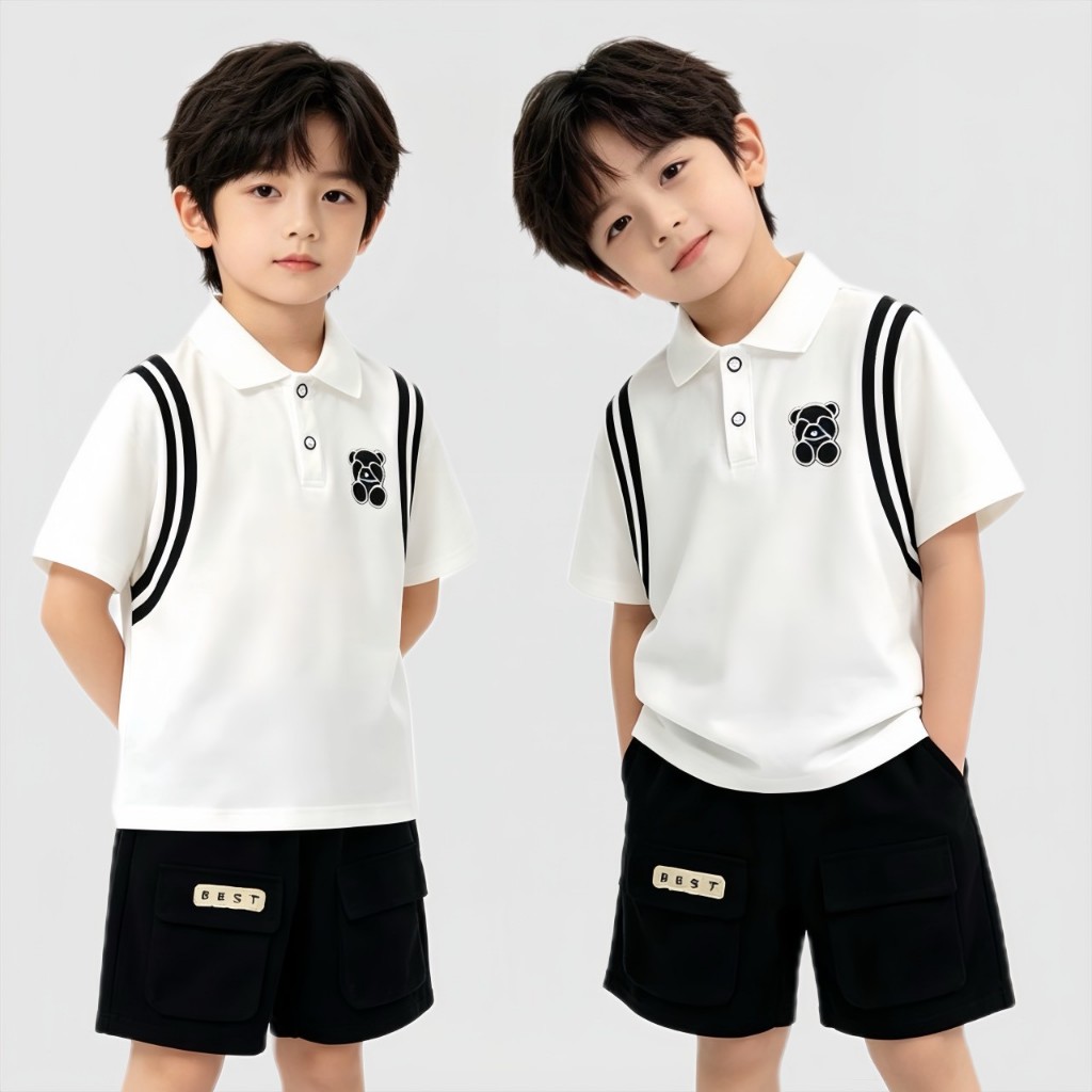 BB249 ชุดเซ็ตเด็กผู้ชาย เสื้อโปโลสีขาว+กางเกงขาสั้น ลุคเกาหลี ใส่สบาย