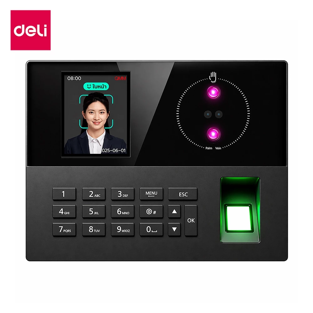 Deli เครื่องสแกนใบหน้าฝ่ามือ 3in1 เครื่องลงเวลาเข้างาน รองรับภาษาไทย จดจำใน0.6วิ Attendance Machine