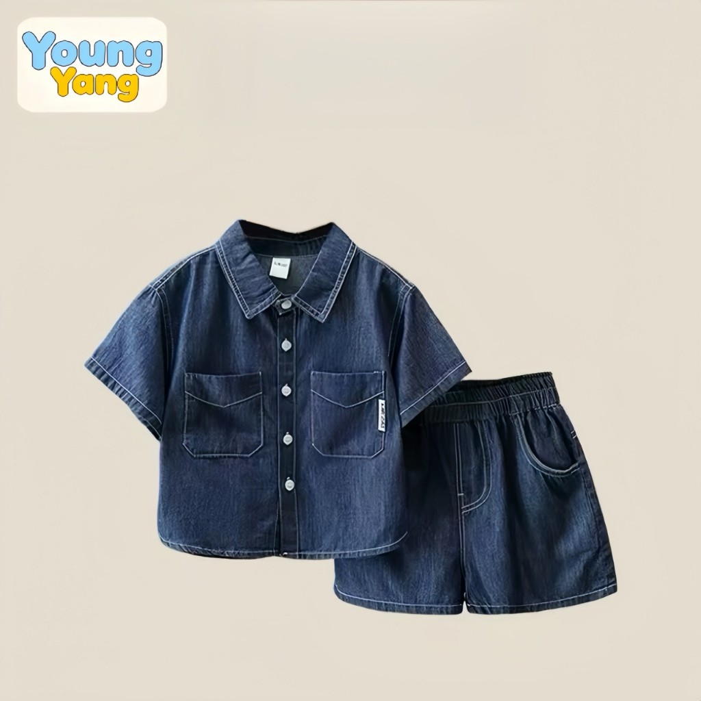 YO248 ชุดเด็กชายยีนส์เข้ม เสื้อแขนสั้น+กางเกงขาสั้น งานเท่ ใส่ออกงานได้