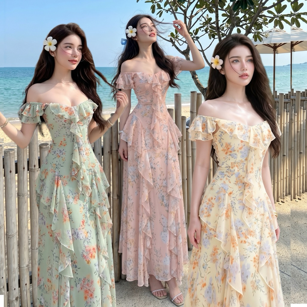 เดรสยาว ปาดไหล่ ผ้าชีฟอง ลายดอกไม้ LD286 ชุดออกงาน ชุดไปงานแต่งงาน ผ้าพิมพ์ลายดอกไม้ ขนาด XS-4XL