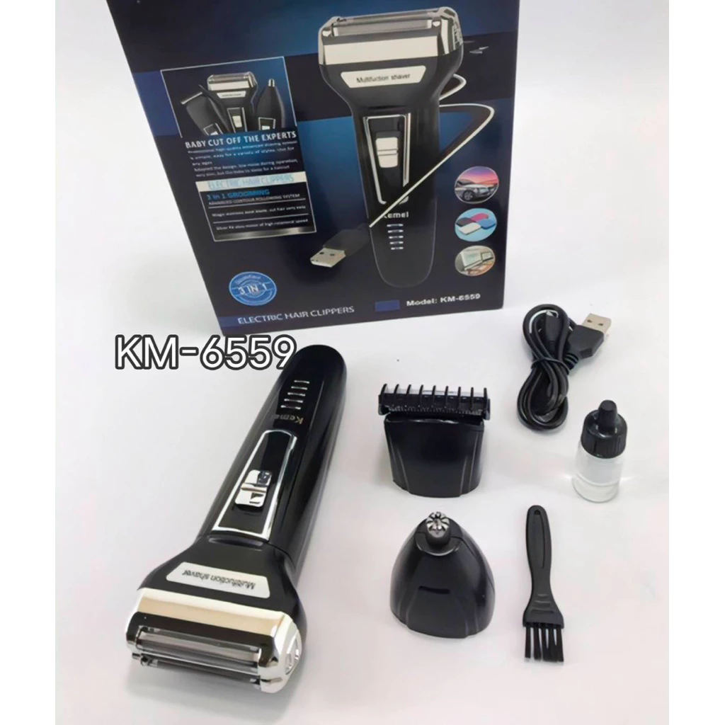 ที่โกนหนวดไร้สาย มีดโกนหนวดไฟฟ้า KM-6559 เครื่องโกนหนวดไฟฟ้าสีดำ BLACK Multi-functional 3in1🔥พร้อมส่ง🔥