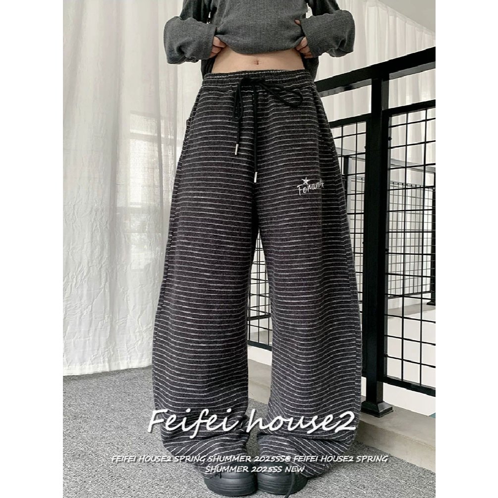 [Letter Embroidered Striped Pants]กางเกงกีฬาหญิงฤดูร้อนสไตล์วินเทจลายทางปักตัวอักษรขากว้างสบาย ราคาถูก Shopee Lazada