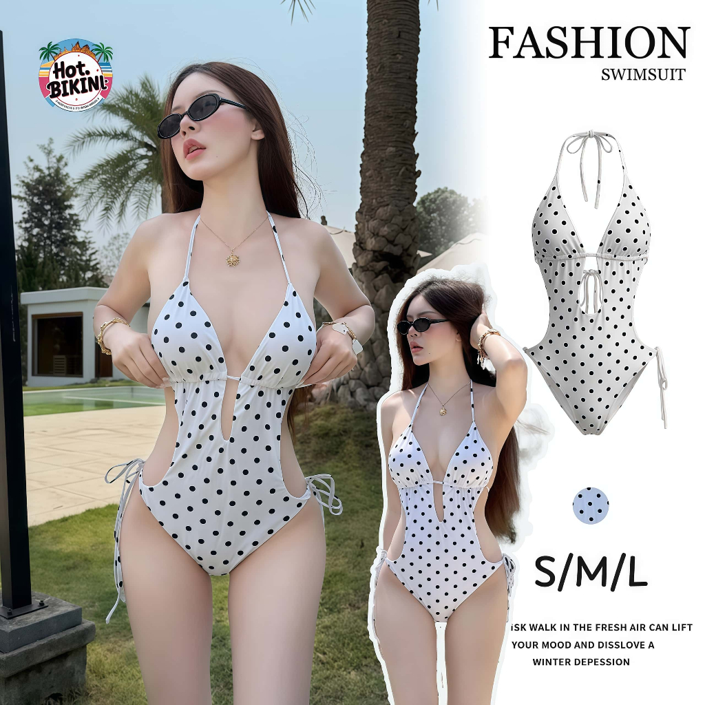 Hot.Bikini🌴🏖️ชุดว่ายน้ำแฟชั่น ชุดว่ายน้ำวันพีช swimsuit women สีขาว ลายจุด คอวีลึก ผูกคอ โชว์หลัง ผ้าใส่สบาย ส่งไวจากไทย