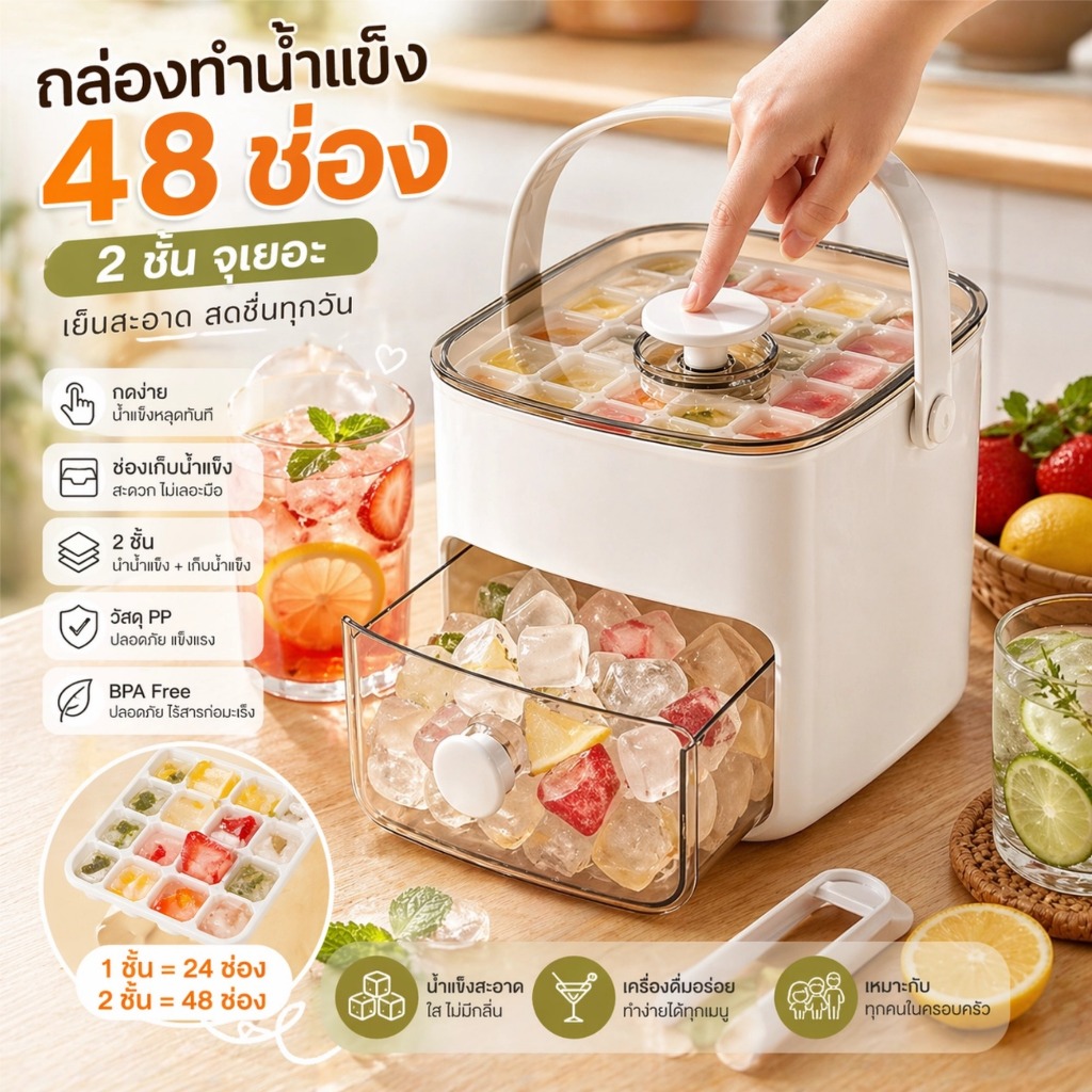 กล่องน้ำแข็ง 48 ช่อง 2 ชั้น ทำเครื่องดื่มง่าย สดชื่นทุกวัน เหมาะสำหรับครอบครัว แถมฟรีช้อน