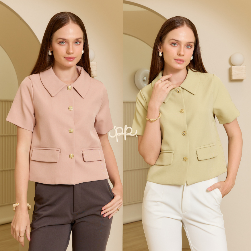 POI เสื้อผ้าสูทคอปกแขนสั้นกระดุมทองสีพื้น L016A7