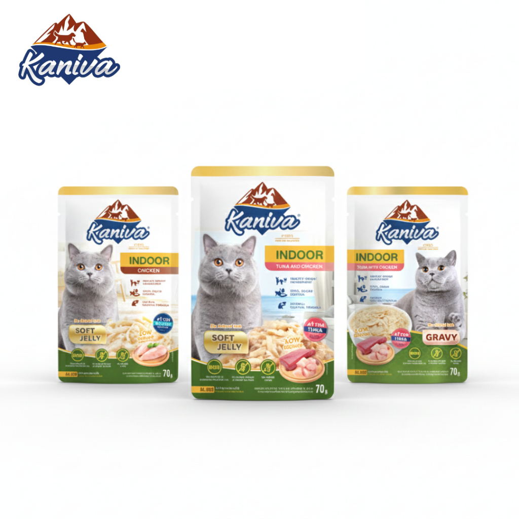 Kaniva Indoor Pouch 12ซอง อาหารเปียกแมว ควบคุมน้ำหนัก ลดกลิ่นมูล ขนาด 70g Petus Kingkaew