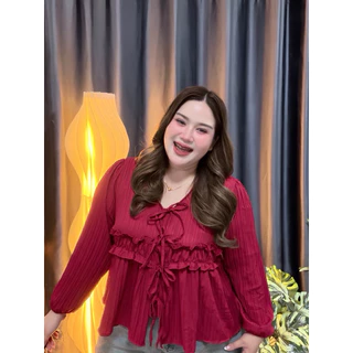 เสื้อพลัสไซส์ รุ่น ง65 Layer Blouse อกใหญ่ใส่ได้ เสื้อสาวอวบ ผูกโบว์ แขนยาว ทรงปล่อย ใส่สบาย ไม่รัด