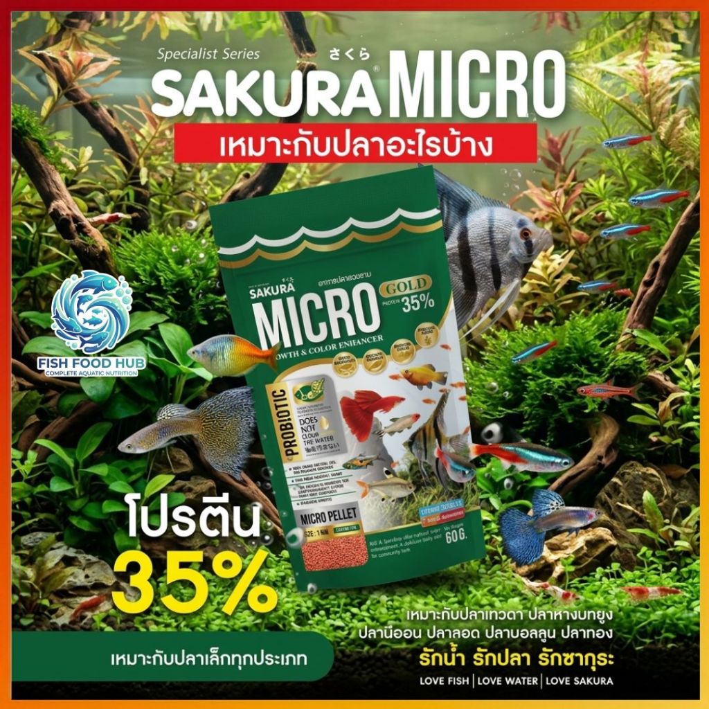 ซากุระไมโคร เพลเล็ท อาหารสำหรับปลาขนาดเล็ก Sakura Micro Pellet อาหารปลาสอด ปลาหางนกยูง ปลาบอลลูน