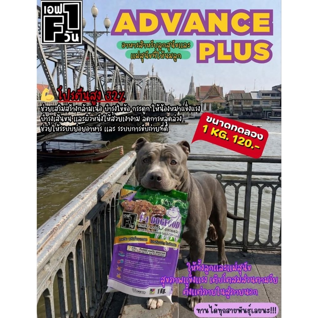 F1 Advance กระสอบสีม่วง 15 กก.  สูตรลูกสุนัข เอฟวันแอดวานซ์ ปริมาณโปรตีน 32% ไขมัน 16%